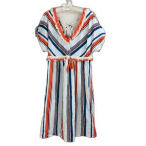 Anthropologie Moon River Beach Dress‎ Striped Linen Pom Pom Midi Boho Chic L